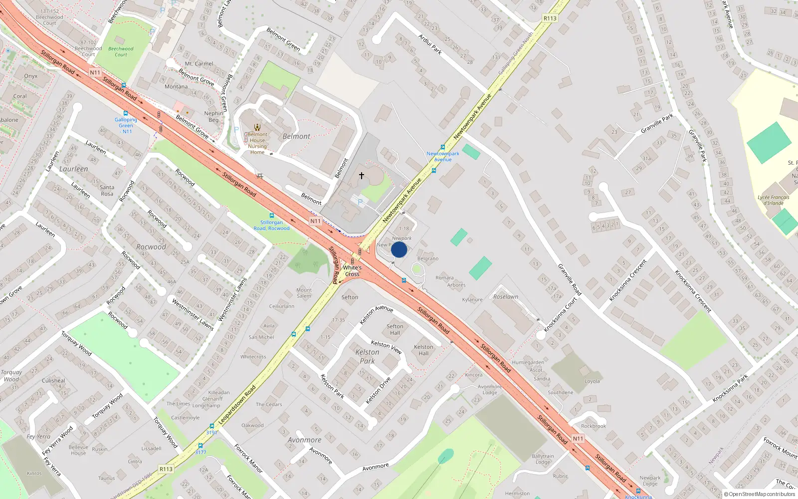 Overhead map showing the location of 9 Newpark Apartments, Newtownpark Avenue, Blackrock