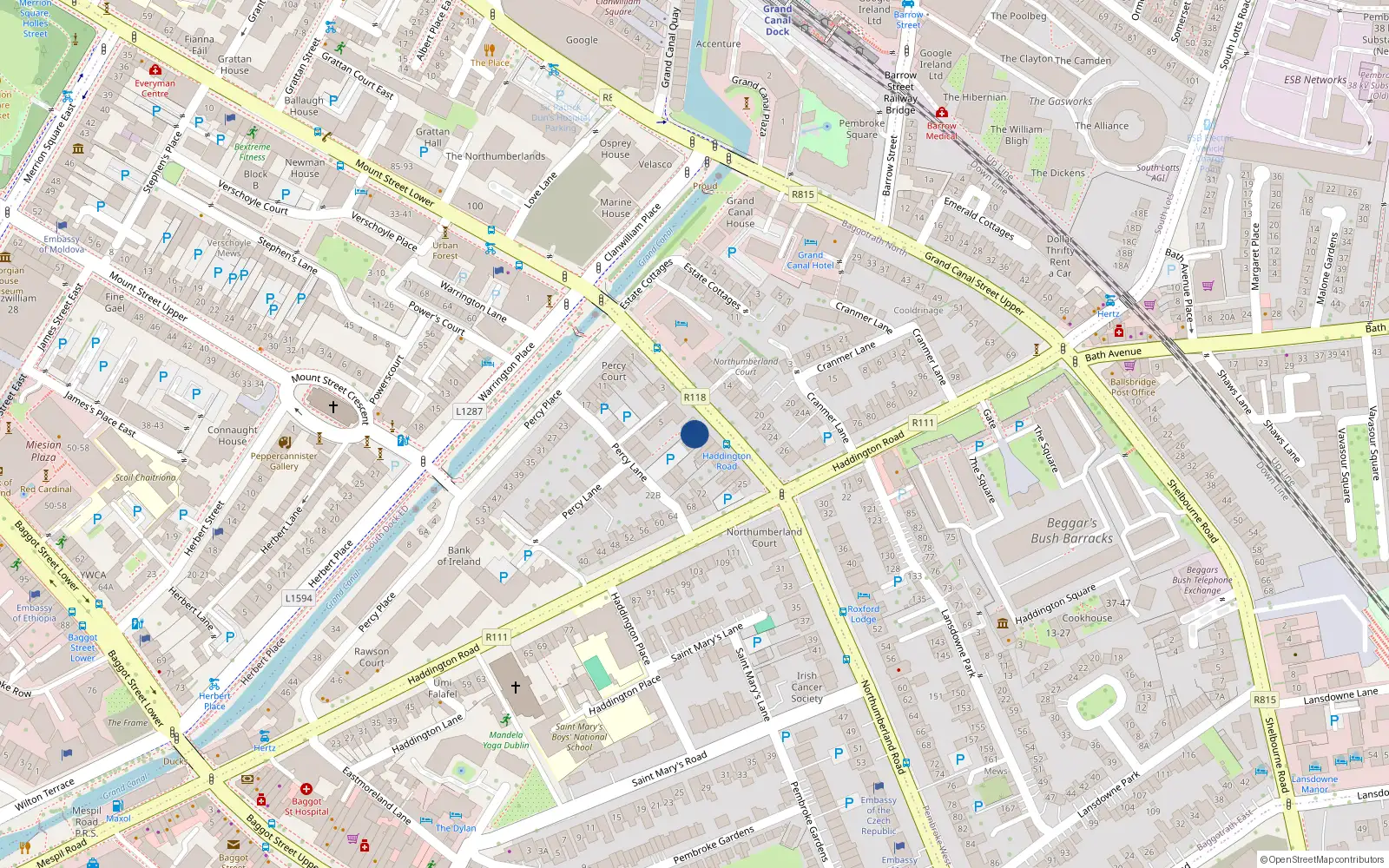 Overhead map showing the location of 9 Northumberland Road, Dublin 4