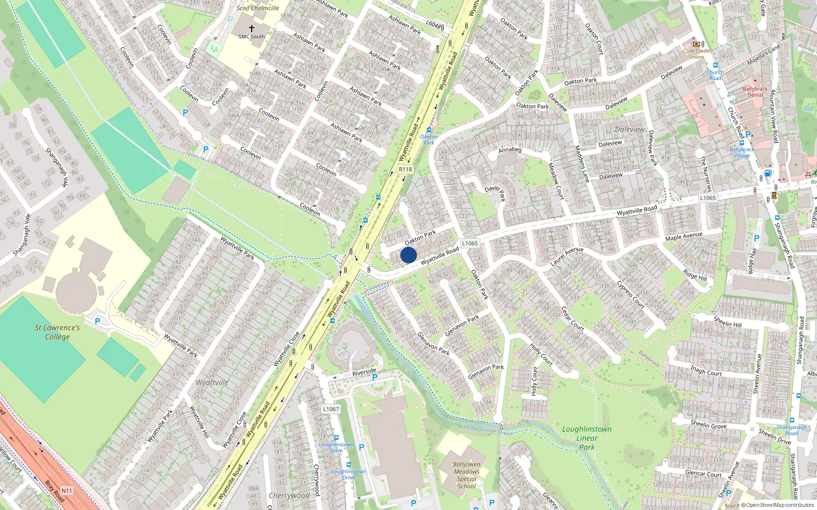 Overhead map showing the location of 9 Oakton Park, Ballybrack, Dublin