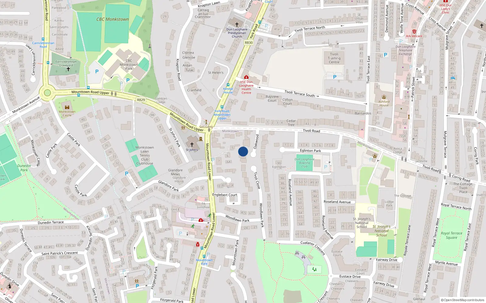 Overhead map showing the location of 9 Oakwood, Tivoli Road, Dun Laoghaire