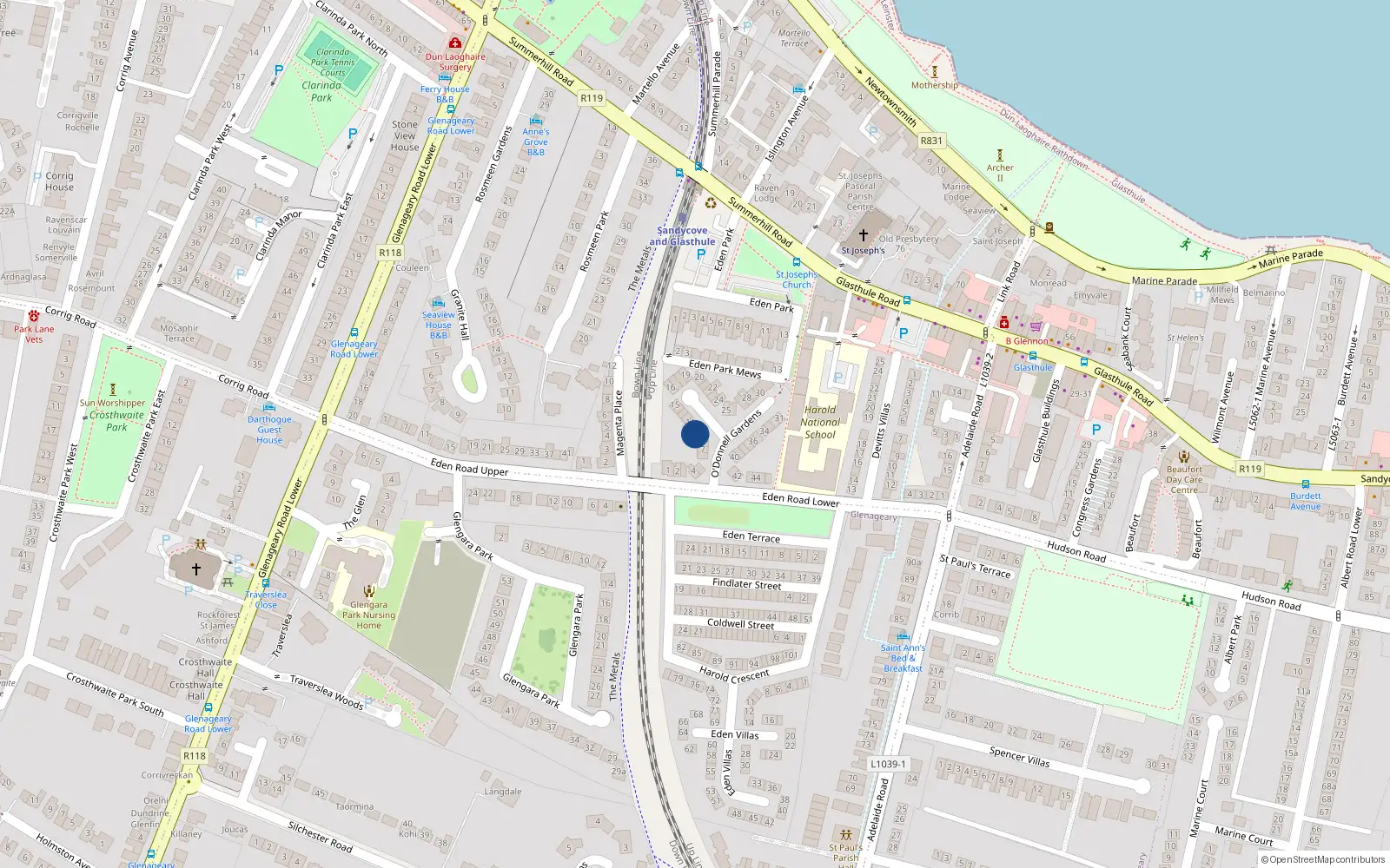 Overhead map showing the location of 9 Odonnell Gardens, Sandycove, Dun Laoghaire