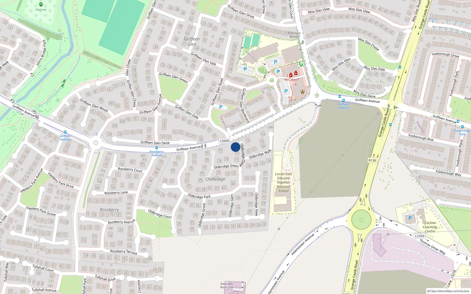 Overhead map showing the location of 9 Oldbridge Close, Lucan, Dublin