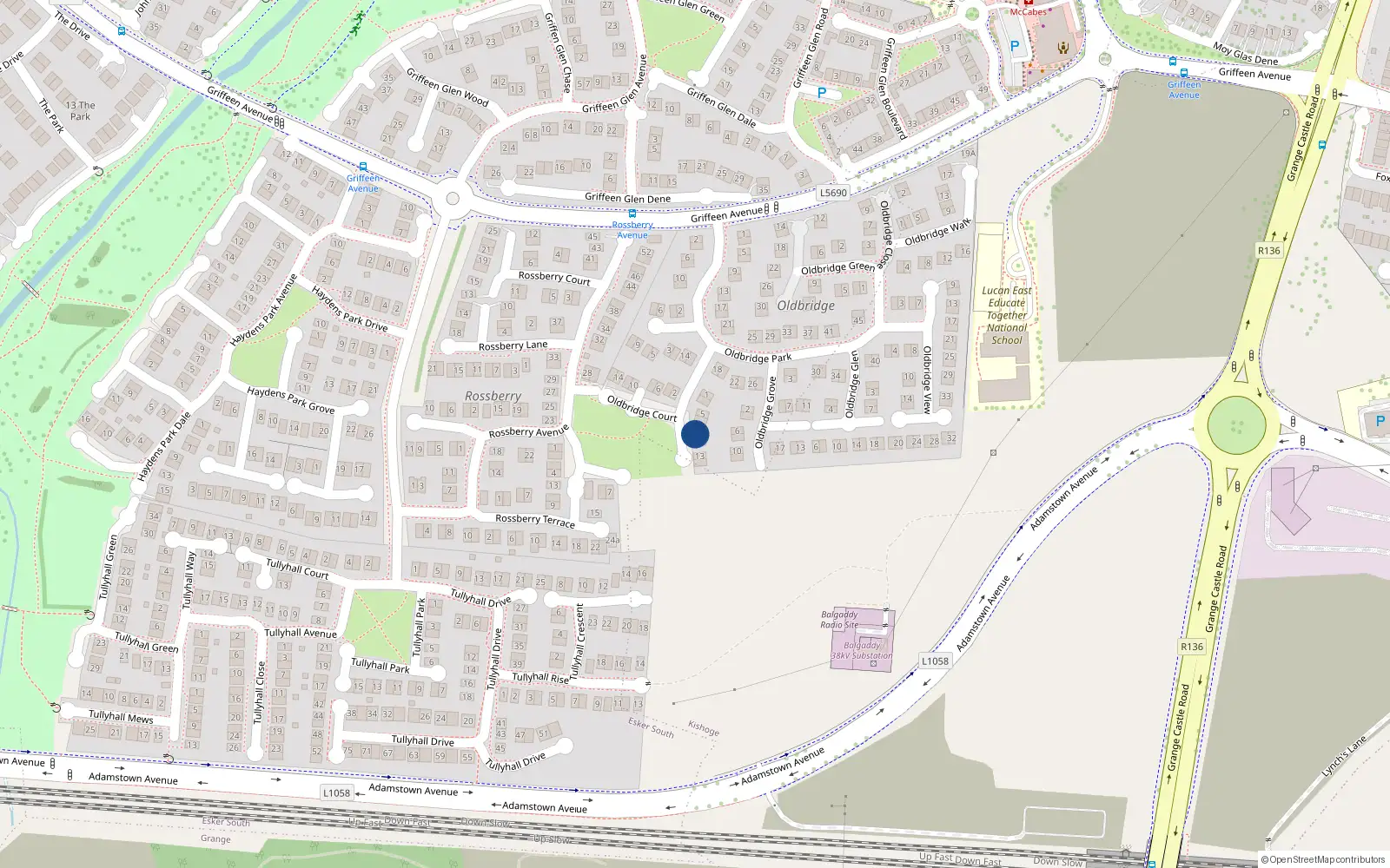 Overhead map showing the location of 9 Oldbridge Court, Lucan