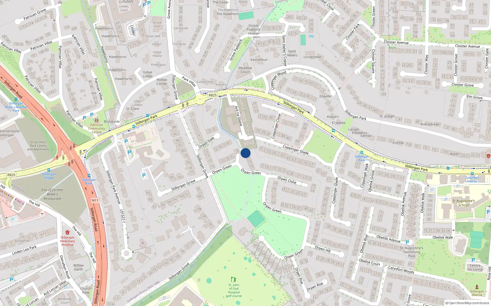 Overhead map showing the location of 9 Orpen Green, Blackrock, County Dublin