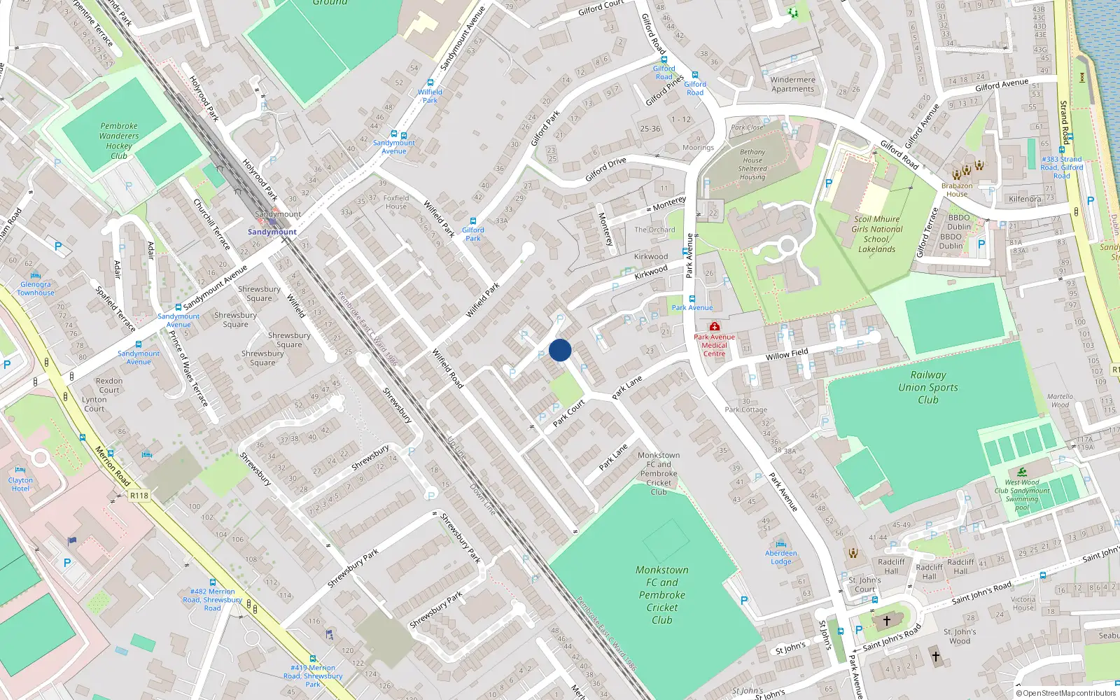 Overhead map showing the location of 9 Park Court, Sandymount