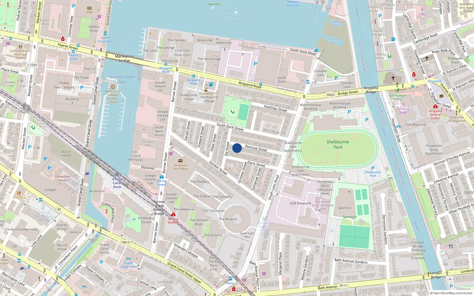 Overhead map showing the location of 9 Penrose Street, Dublin 4