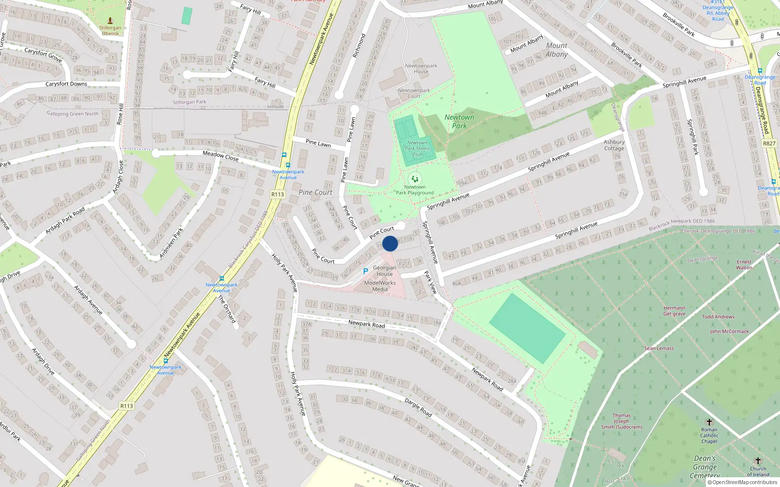 Overhead map showing the location of 9 Pine Court, Newtownpark Avenue, Blackrock