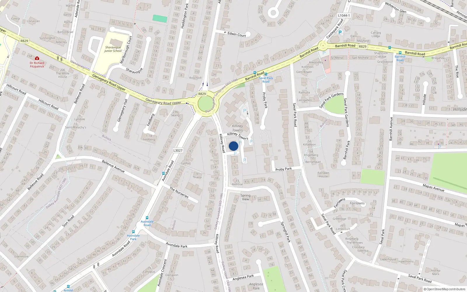 Overhead map showing the location of 9 Proby Hall, Killiney Road, Killiney