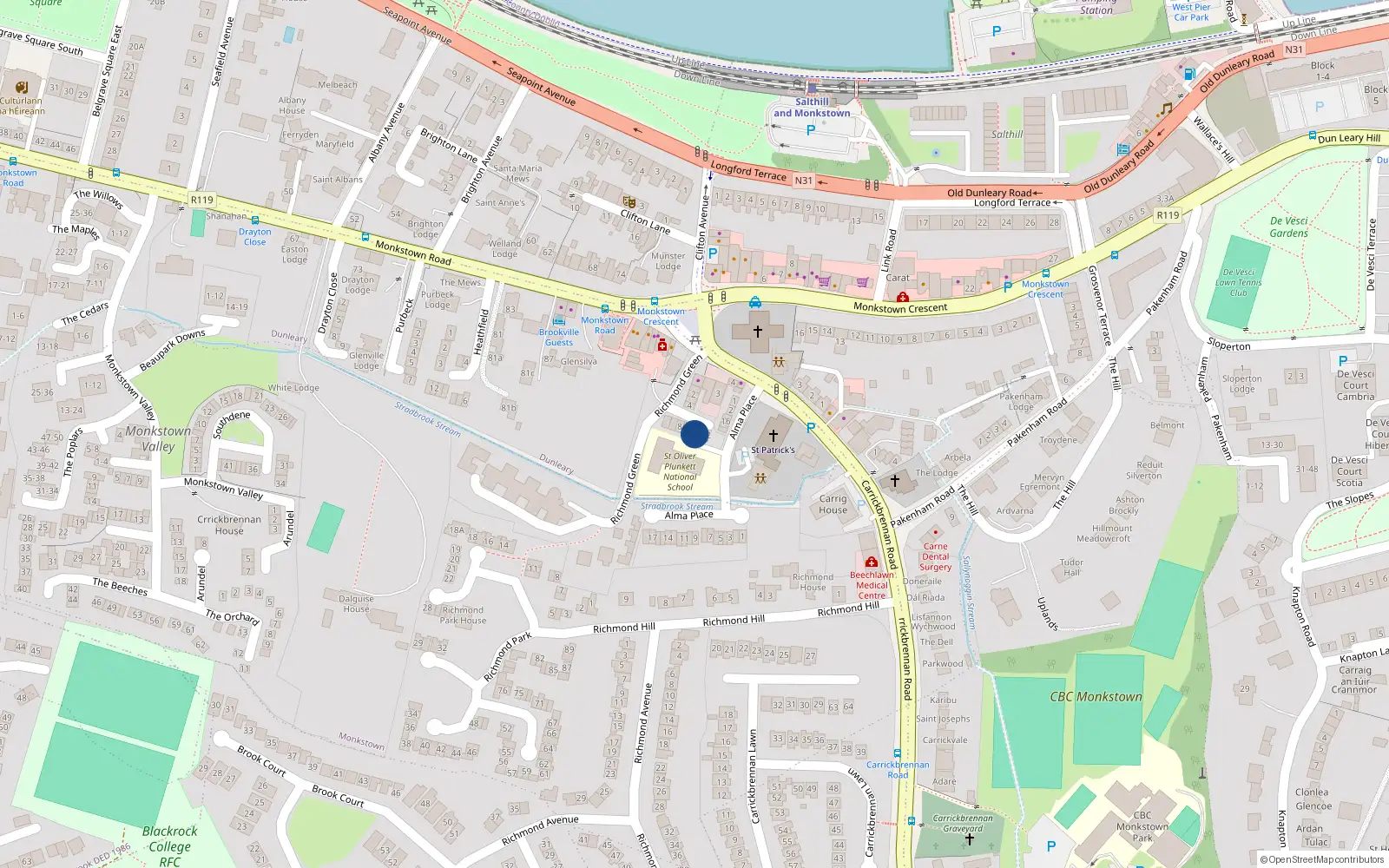 Overhead map showing the location of 9 Richmond Green, Monkstown