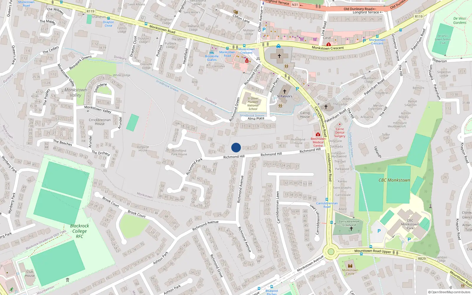 Overhead map showing the location of 9 Richmond Hill, Monkstown