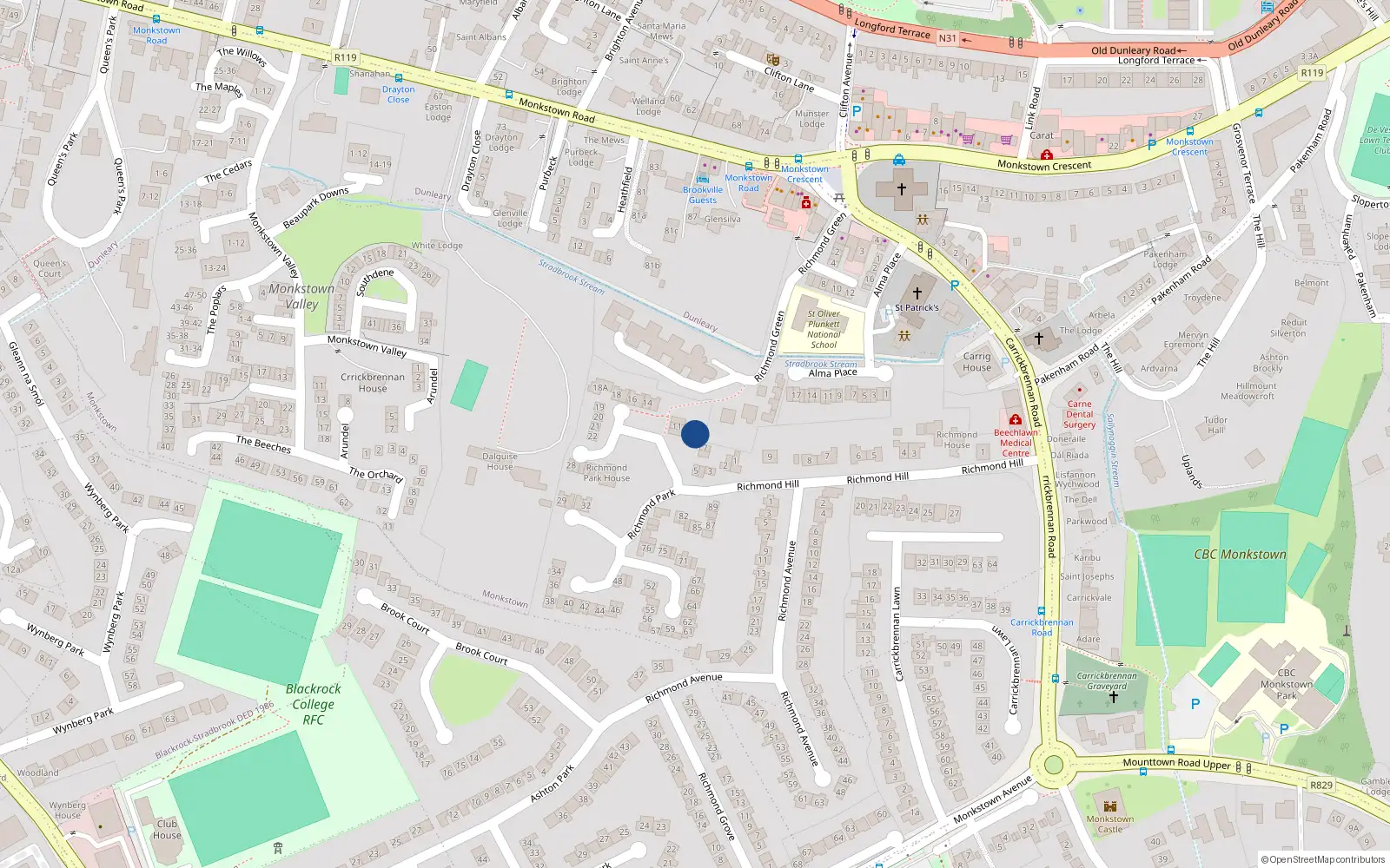 Overhead map showing the location of 9 Richmond Park, Monkstown