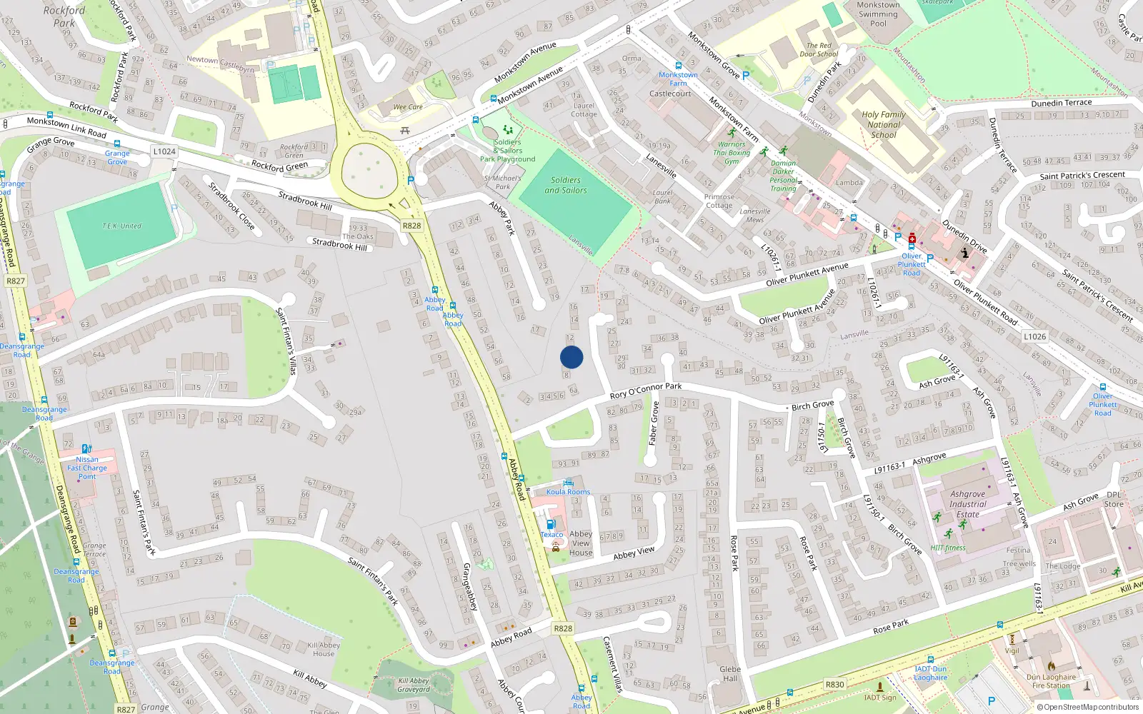 Overhead map showing the location of 9 Rory Oconnor Park, Monkstown, Dun Laoghaire