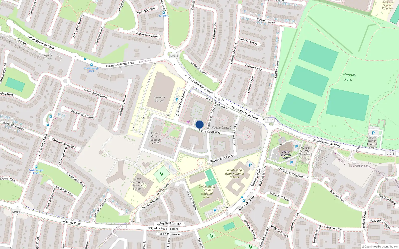 Overhead map showing the location of 9 Rosse Court Way, Lucan