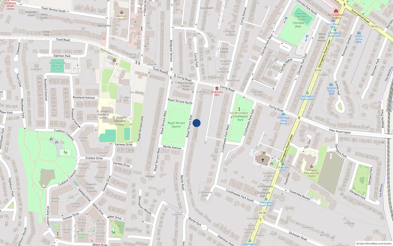 Overhead map showing the location of 9 Royal Terrace East, Dun Laoghaire, Dublin