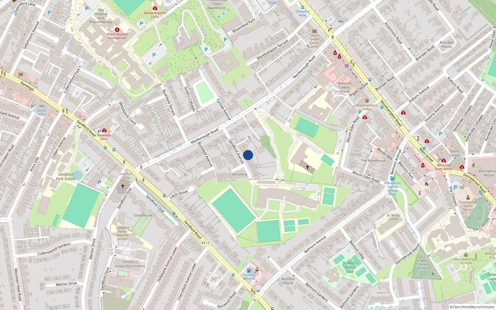 Overhead map showing the location of 9 Sandford Avenue, Donnybrook