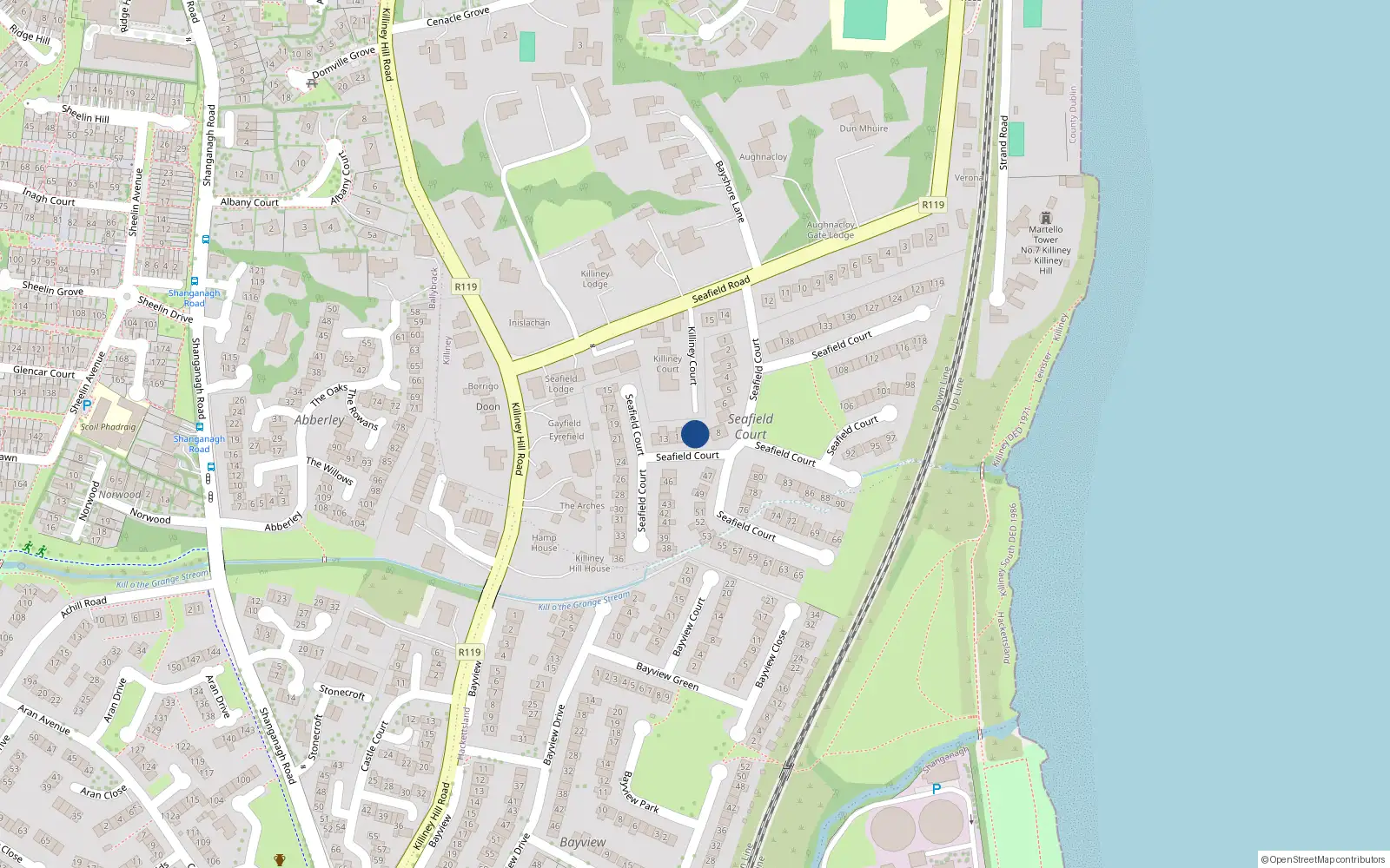 Overhead map showing the location of 9 Seafield Court, Killiney