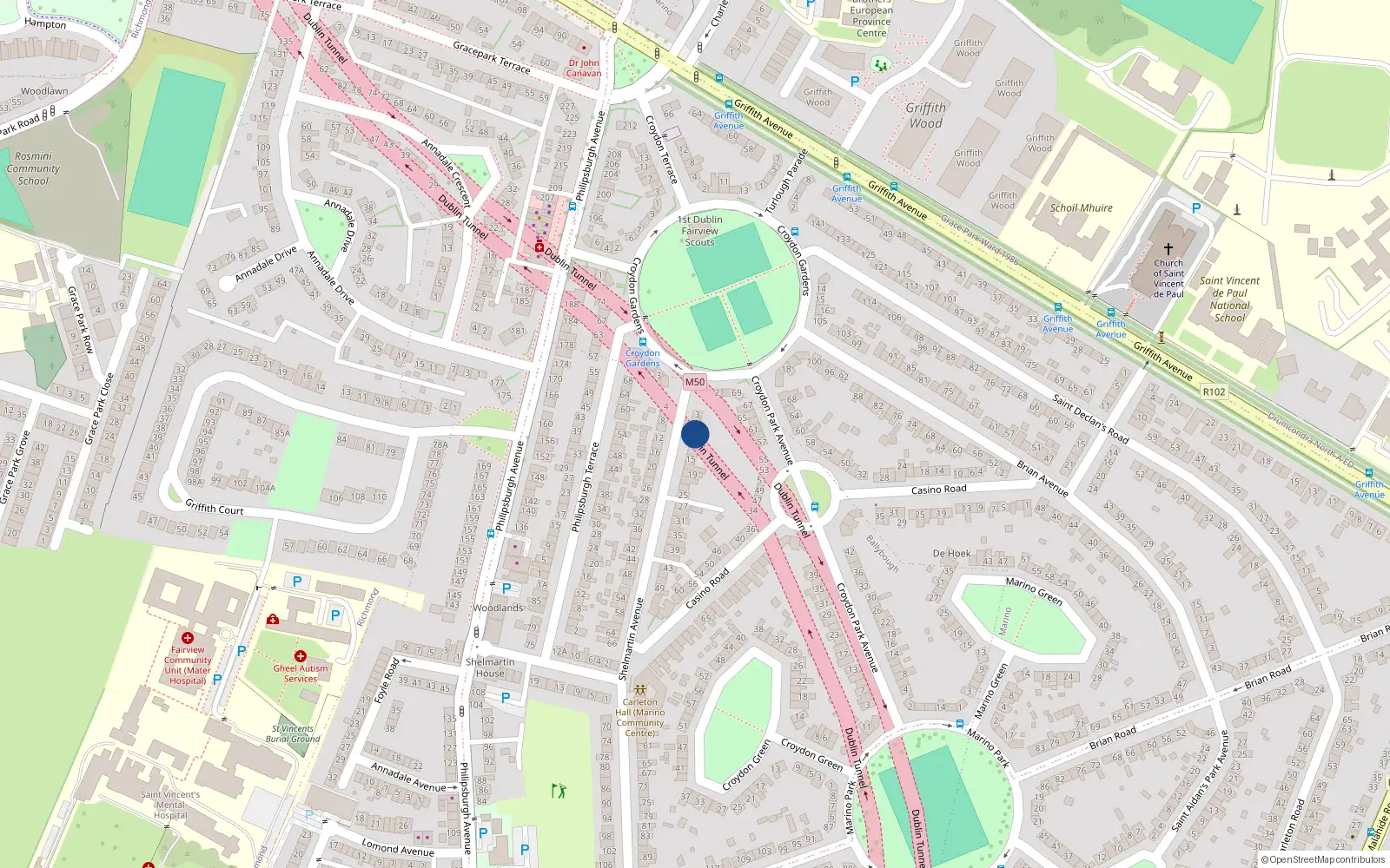 Overhead map showing the location of 9 Shelmartin Avenue, Dublin 3