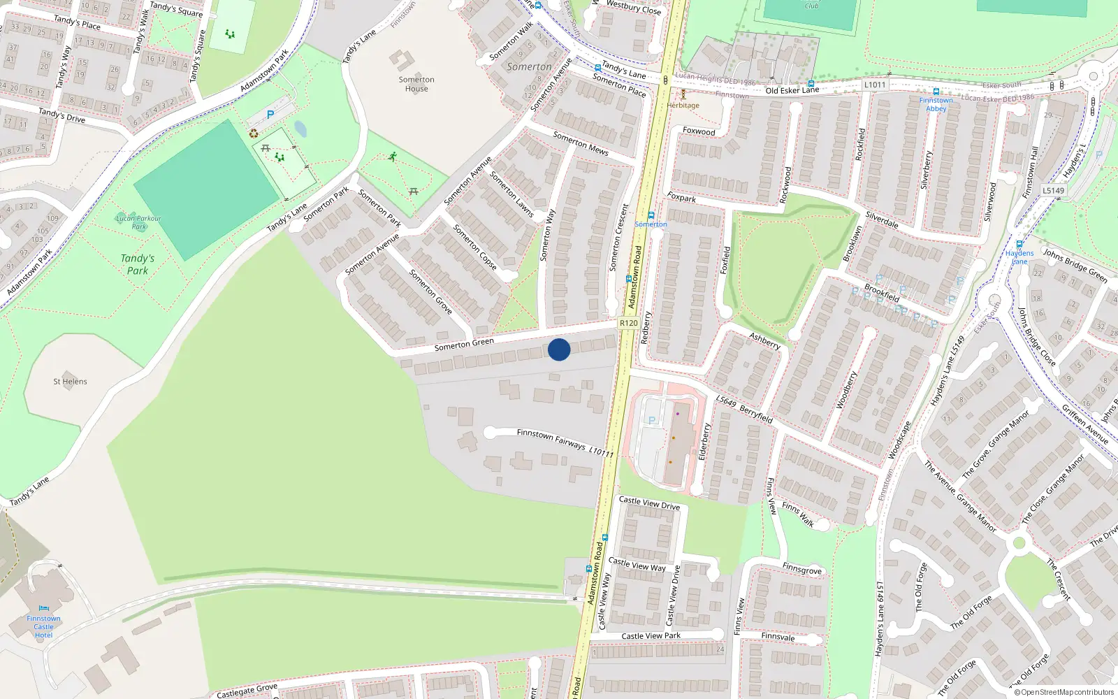 Overhead map showing the location of 9 Somerton Green, Finnstown