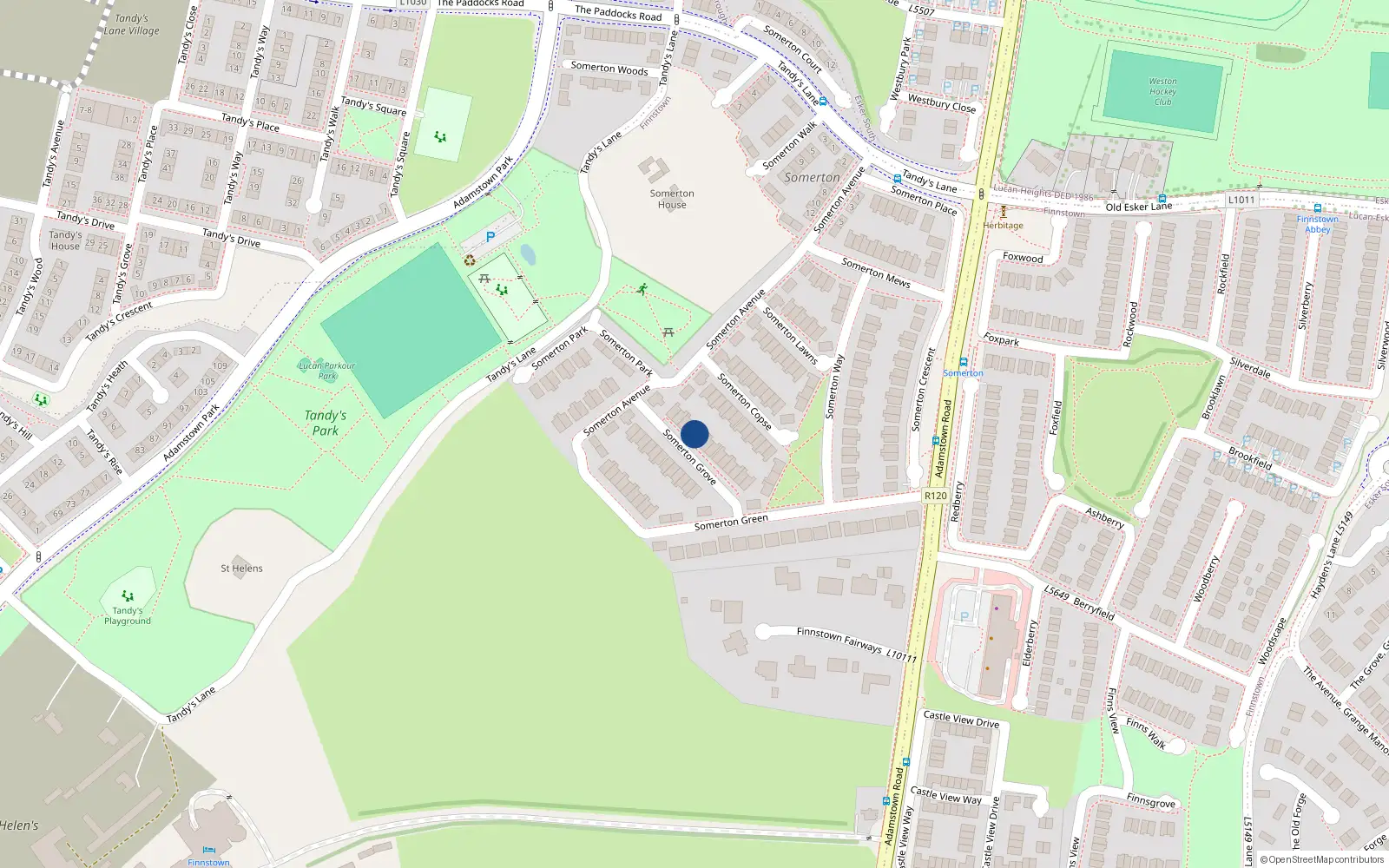 Overhead map showing the location of 9 Somerton Grove, Lucan