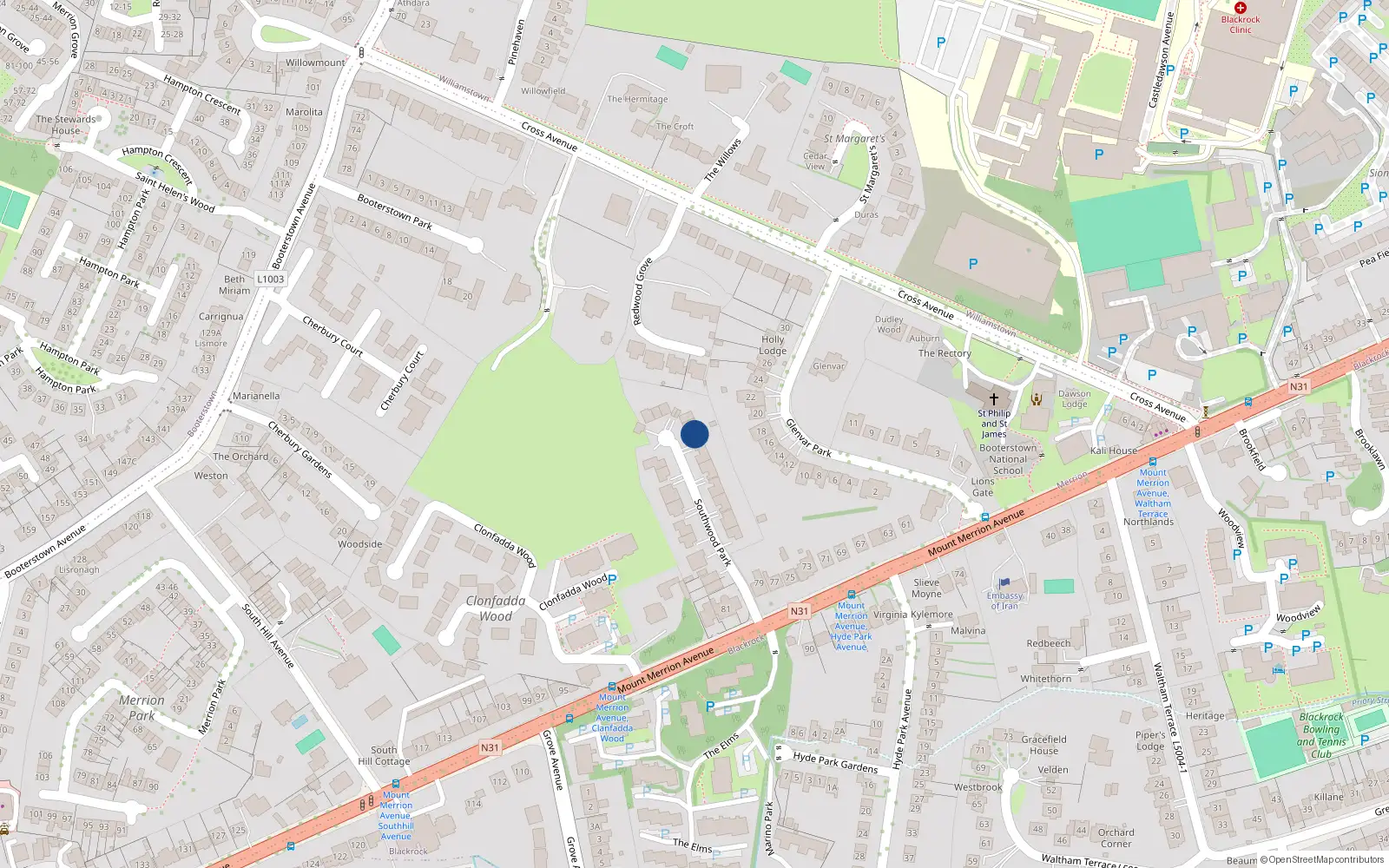 Overhead map showing the location of 9 Southwood Park, Blackrock