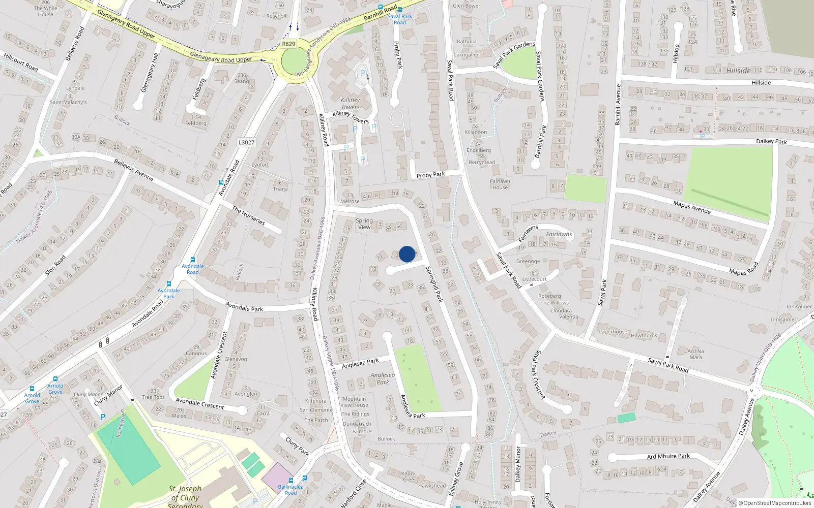 Overhead map showing the location of 9 Springhill Park, Dalkey