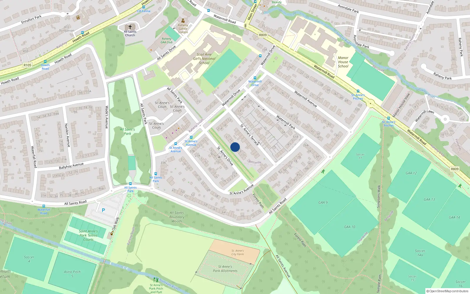 Overhead map showing the location of 9 St Annes Drive, Raheny, Dublin 5