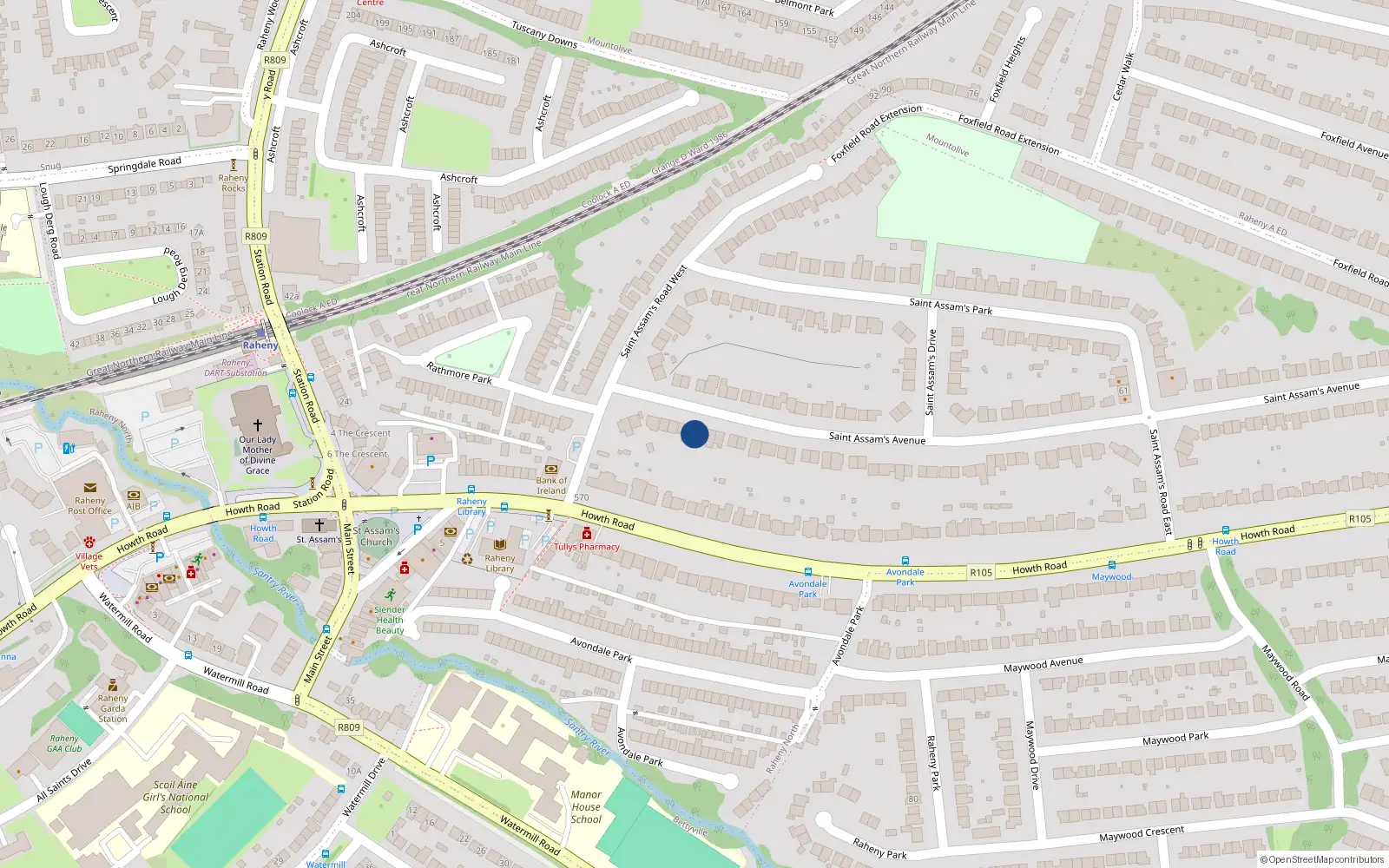 Overhead map showing the location of 9 St Assams Avenue, Raheny, Dublin 5