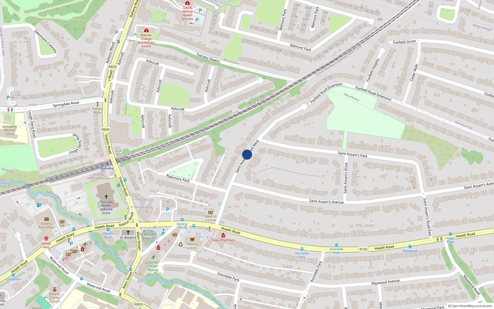 Overhead map showing the location of 9 St Assams Road West, Raheny, Dublin 5
