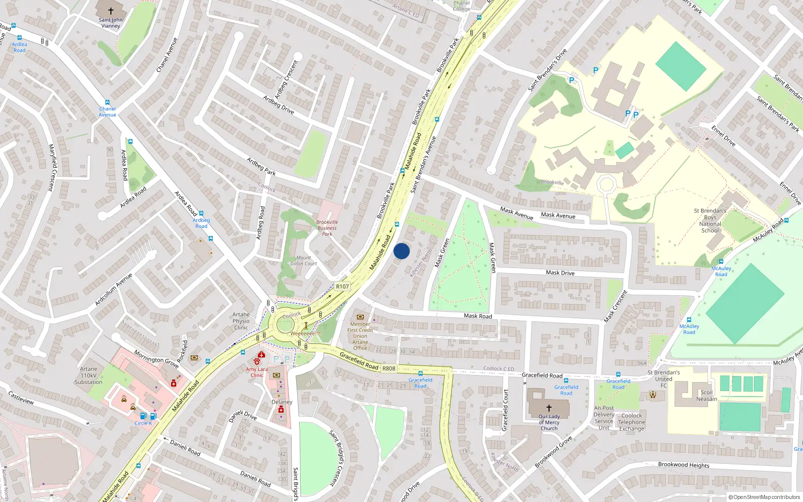Overhead map showing the location of 9 St Brendans Avenue, Malahide Road, Dublin 5
