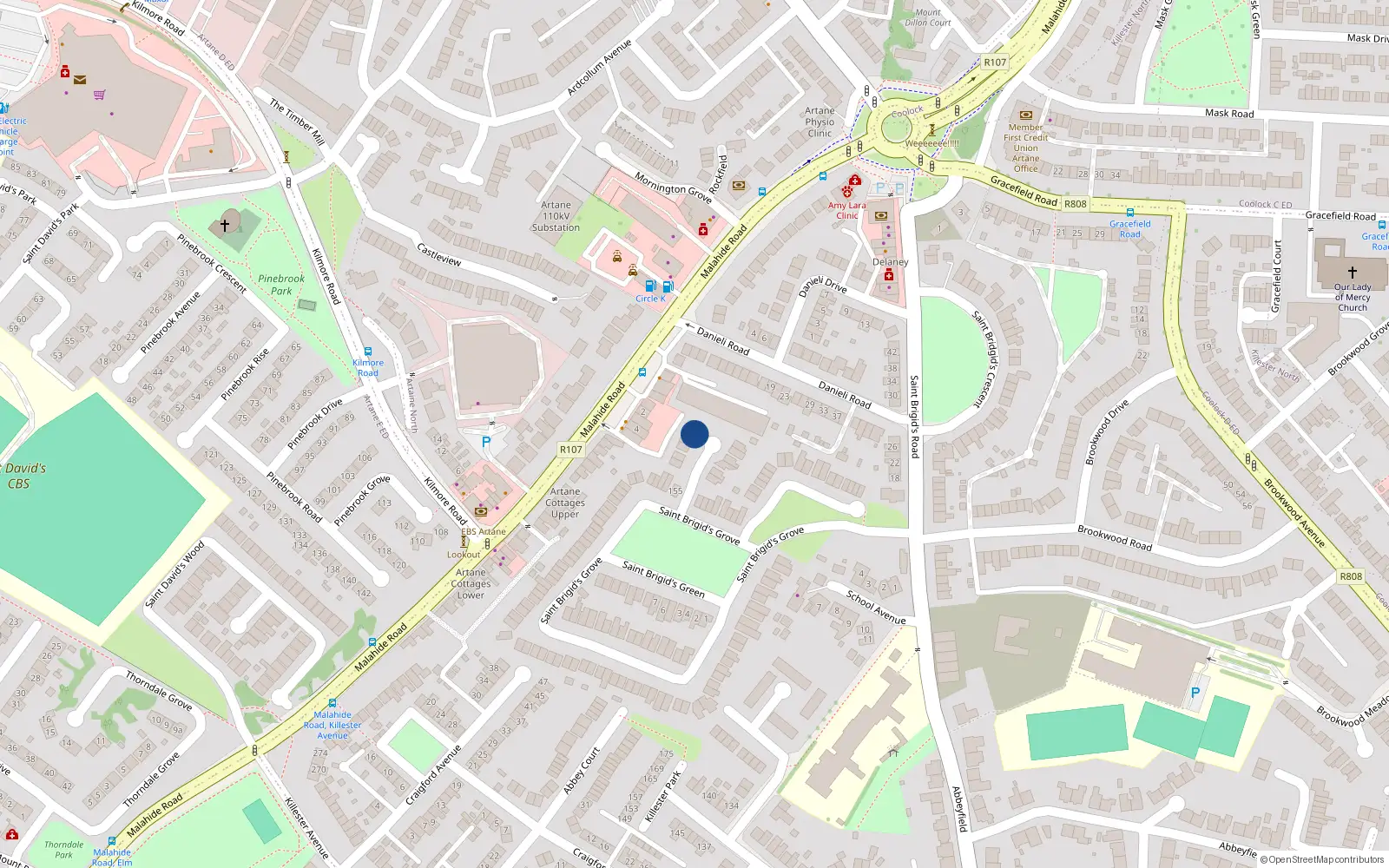 Overhead map showing the location of 9 Clós Naomh Bríd, Dublin 5