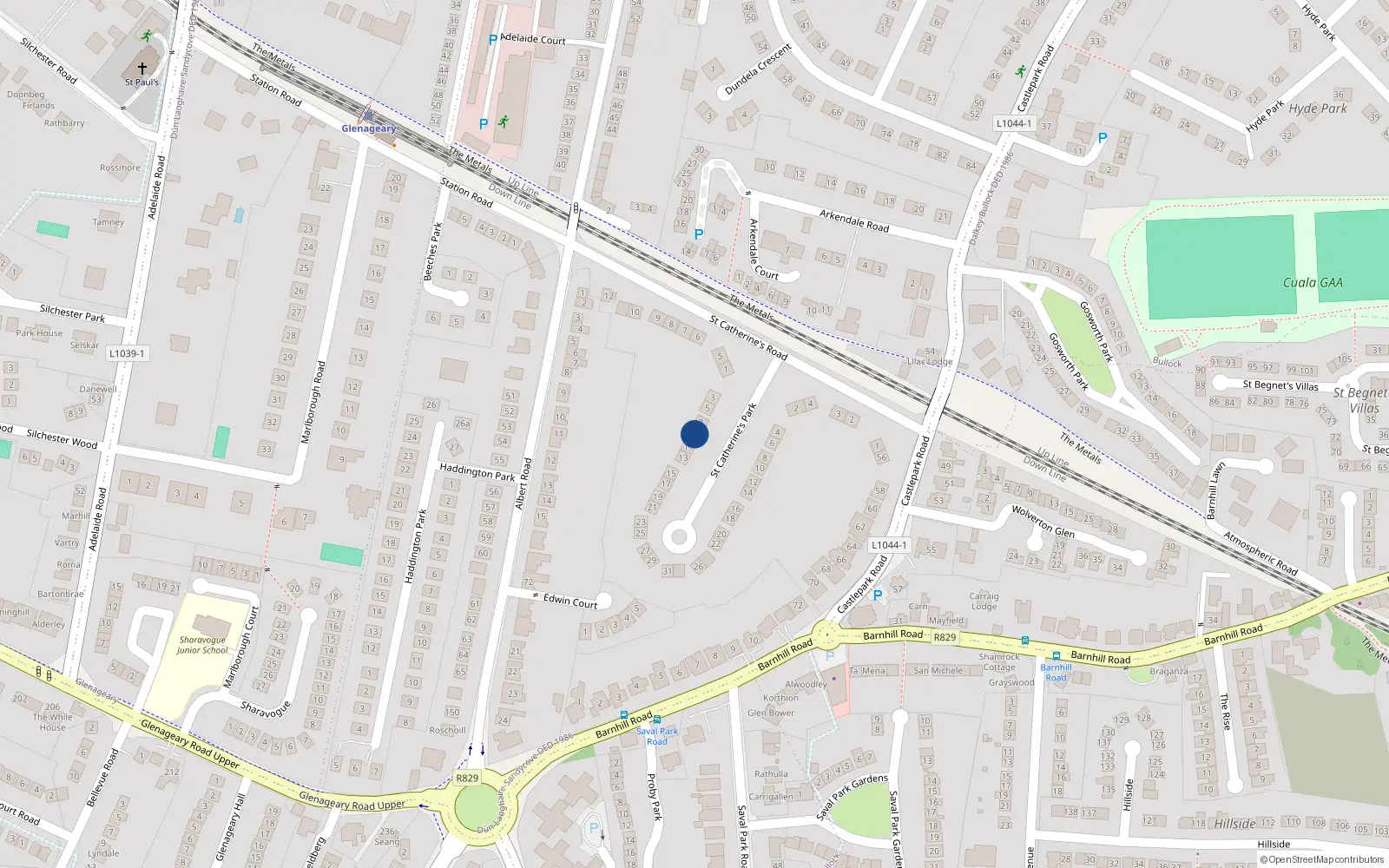 Overhead map showing the location of 9 St Catherines Park, Glenageary, Dublin