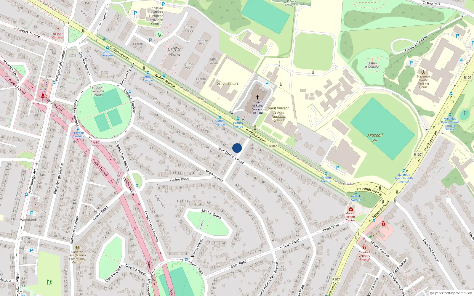Overhead map showing the location of 9 St Declan Terrace, Marino, Dublin 3