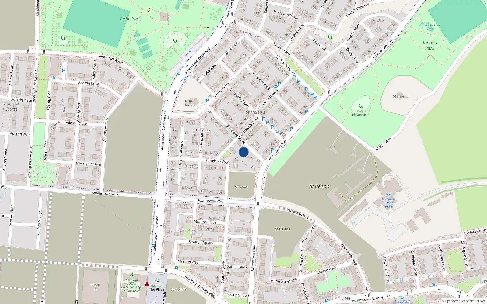 Overhead map showing the location of 9 St Helens Grove, Adamstown, Lucan