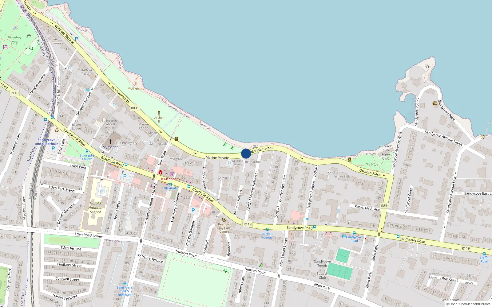 Overhead map showing the location of 9 St Helens North, Marine Parade, Sandycove