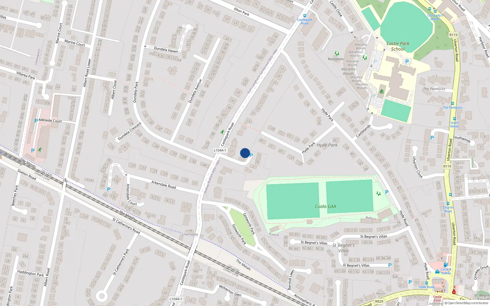 Overhead map showing the location of 9 St Margarets Close, Castle Park Road, Dalkey