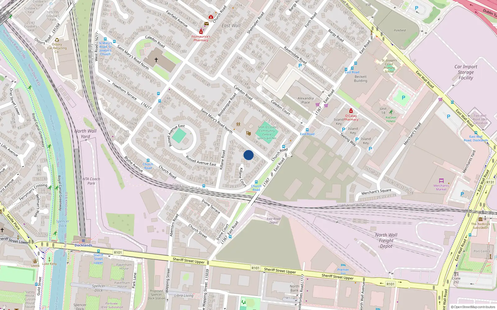 Overhead map showing the location of 9 St Marys Road, East Wall, Dublin 3