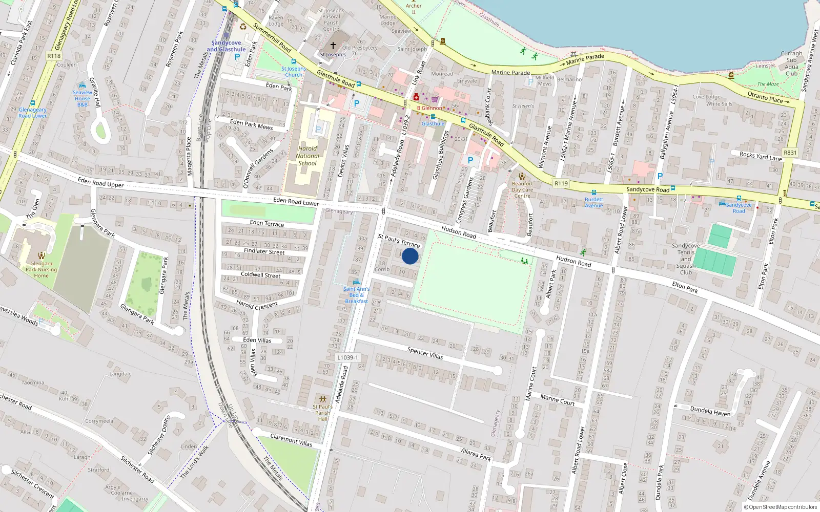Overhead map showing the location of 9 St Pauls Terrace, Glasthule, Dublin