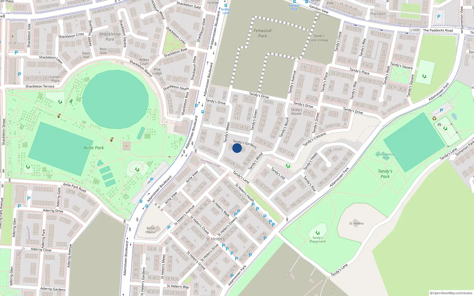 Overhead map showing the location of 9 Tandy's Gardens, Adamstown, Lucan