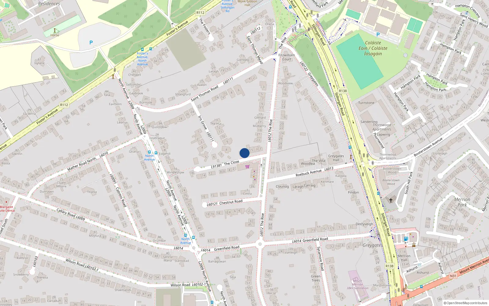Overhead map showing the location of 9 the Close, Mount Merrion, Dublin