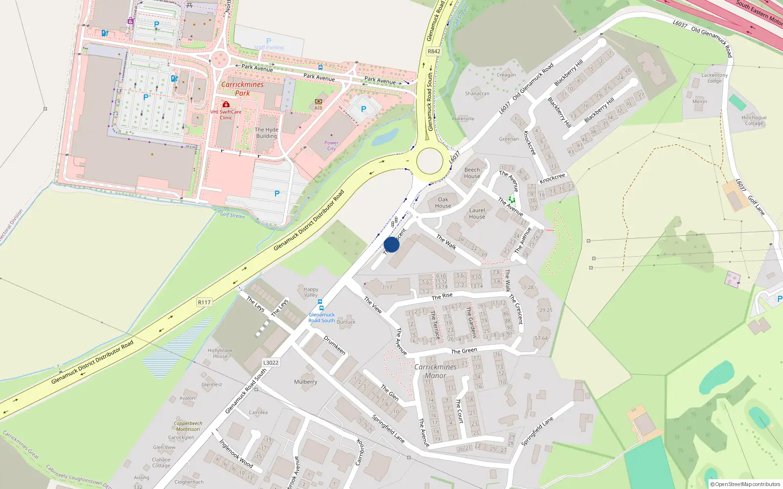 Overhead map showing the location of 9 The Crescent Carrickmines Green, Carrickmines