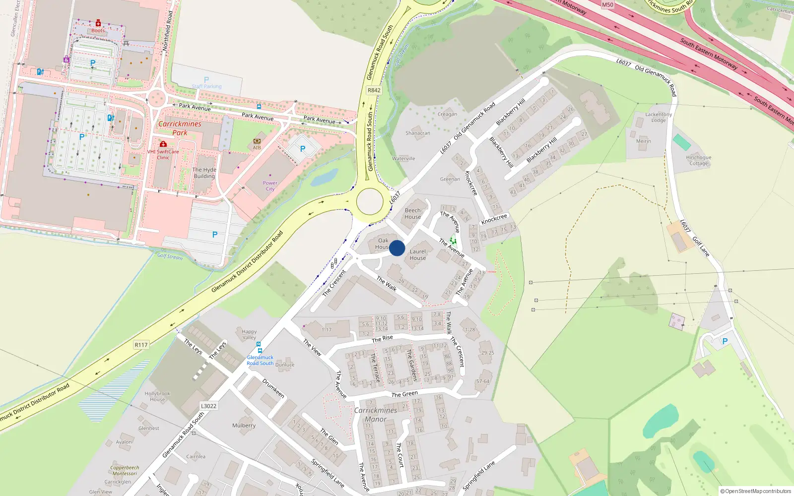 Overhead map showing the location of 9 the Crescent, 9 Carrickmines Green, Carrickmines