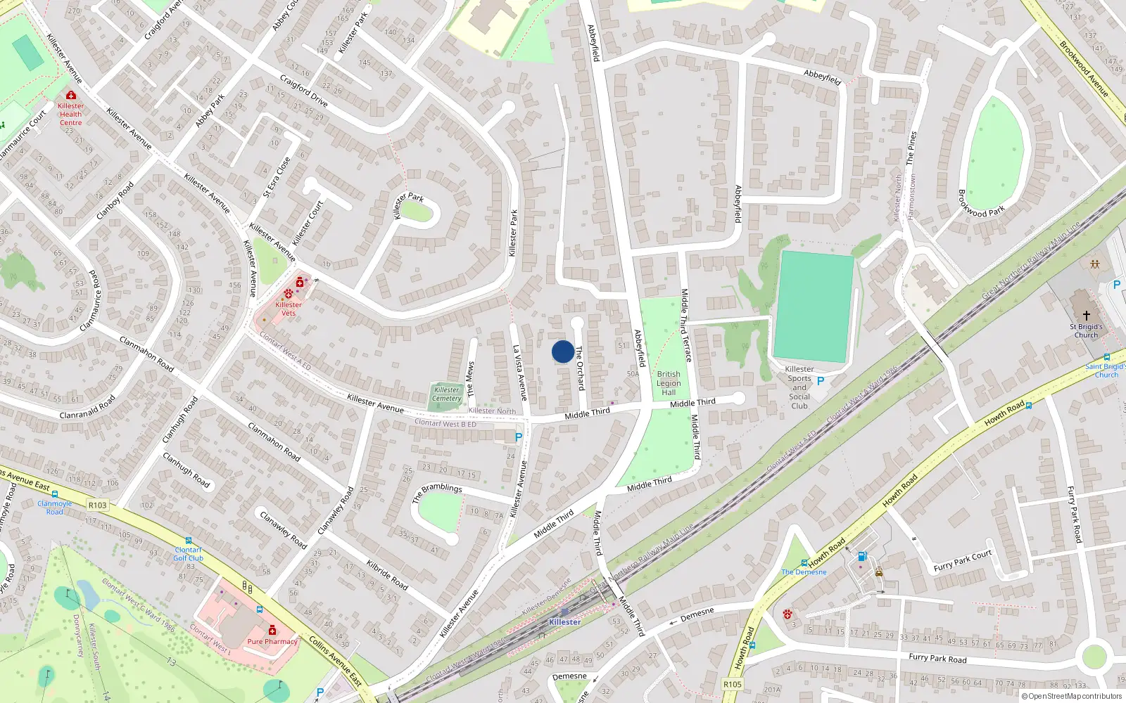 Overhead map showing the location of 9 the Orchard, Killester, Dublin 5