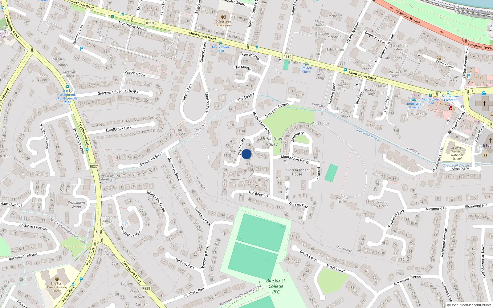 Overhead map showing the location of 9 The Poplars, Monkstown