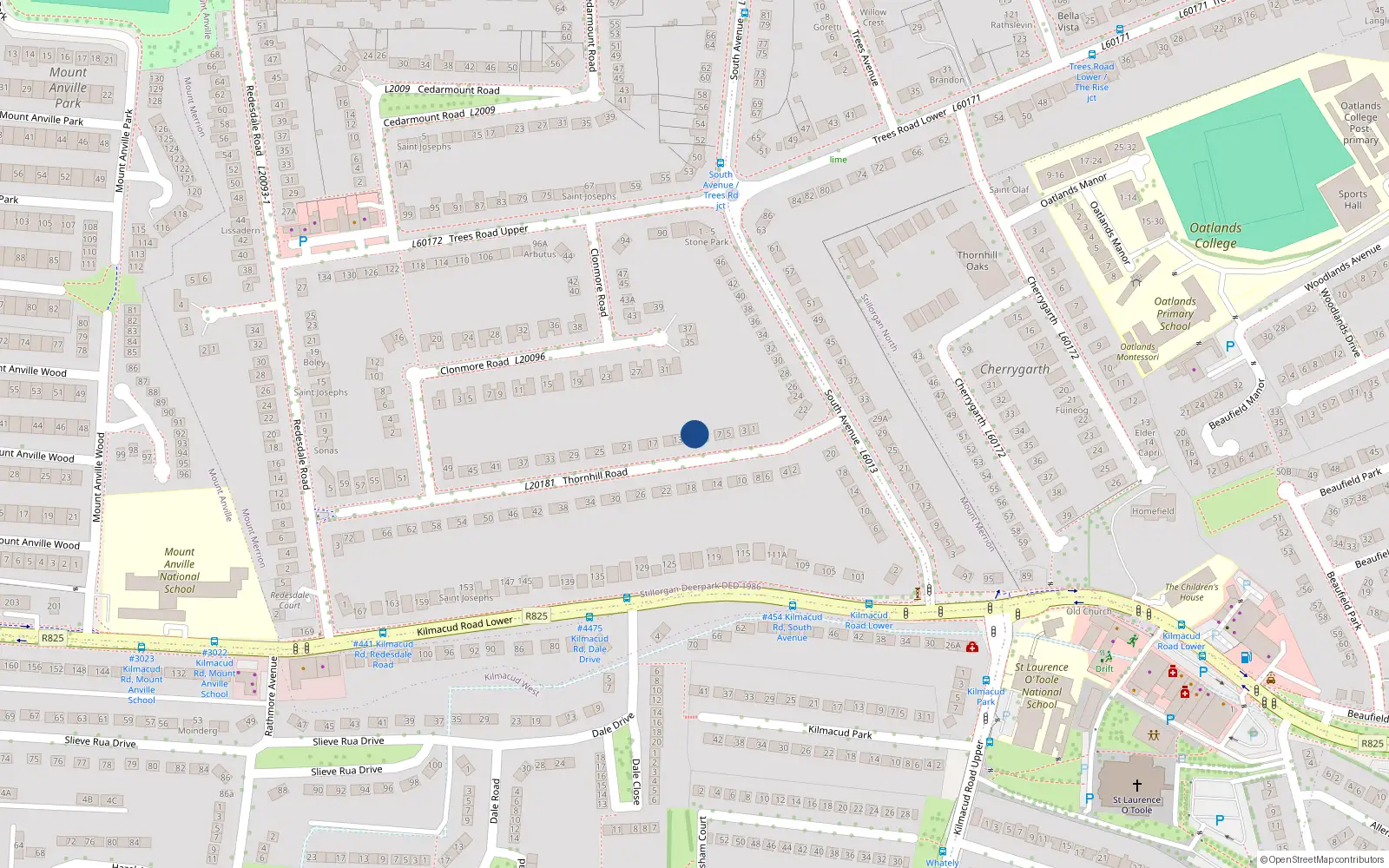 Overhead map showing the location of 9 Thornhill Road, Blackrock