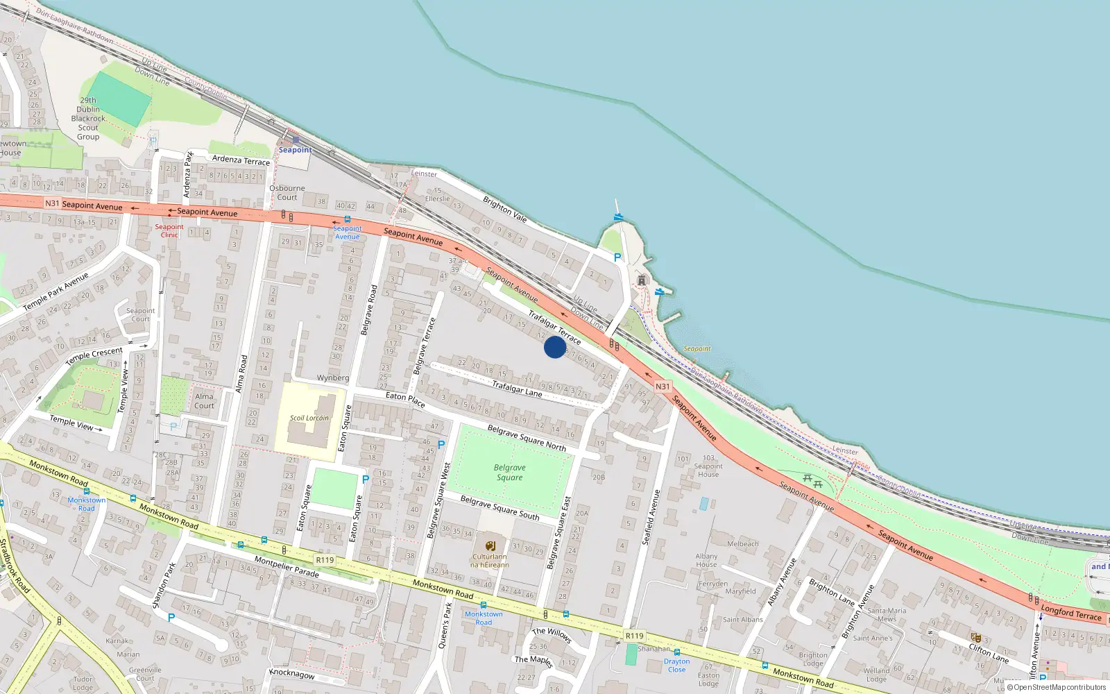 Overhead map showing the location of 9 Trafalgar Terrace, Blackrock