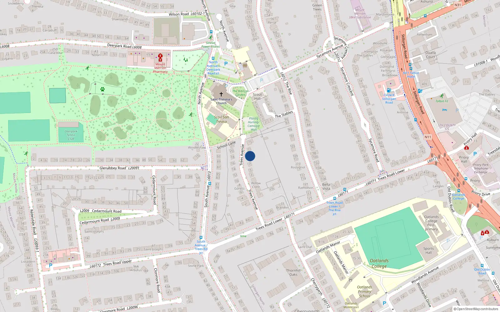 Overhead map showing the location of 9 Trees Avenue, Mount Merrion, Co Dublin
