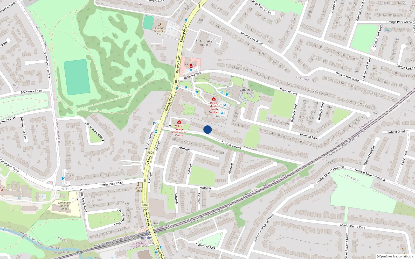 Overhead map showing the location of 9 Tuscany Downs, Raheny, Dublin 5