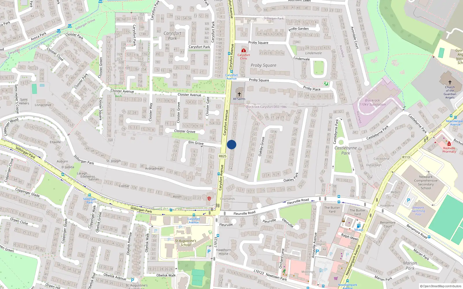 Overhead map showing the location of 9 Upper Carysfort Avenue, Blackrock