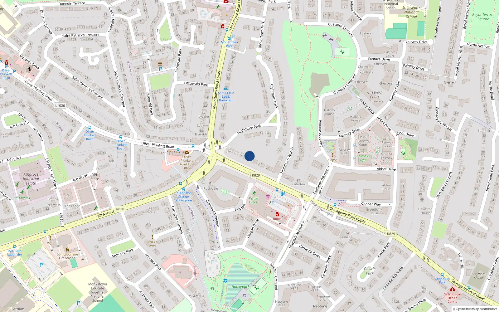 Overhead map showing the location of 9 Glenageary Road Upper, Dublin