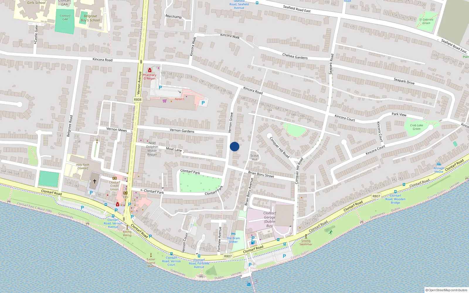 Overhead map showing the location of 9 Vernon Grove, Clontarf, Dublin 3